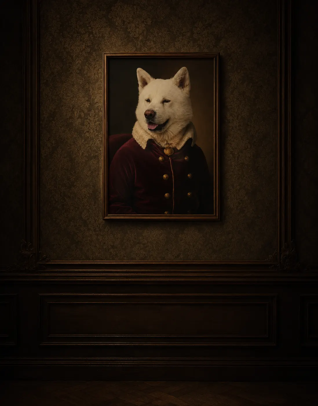 Retrato a óleo de um cachorro como nobre aristocrata, emoldurado numa parede de madeira escura